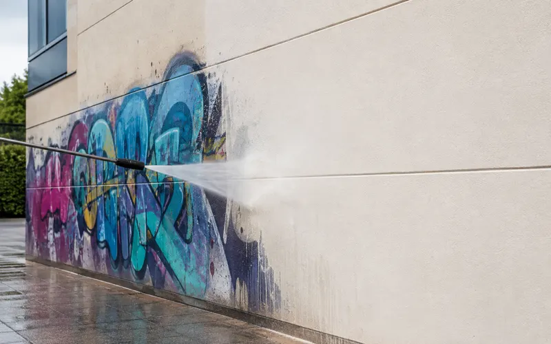Graffiti wird mit Hochdruck von einer hellen Fassade entfernt